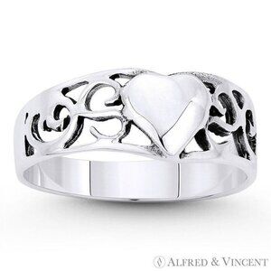 Heart Charm & Filigree Curved Band in Oxidized .925 Sterling Silver - Size 5